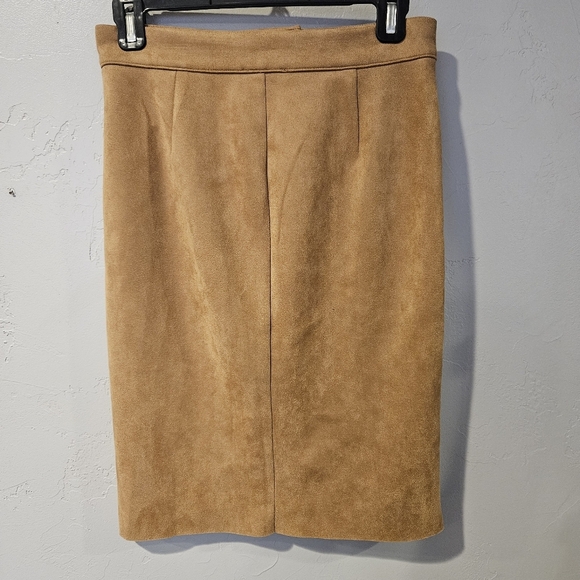 Fate Women's Small Tan Faux Suede Pencil Skirt Gold Button Zipper Knee Length - Picture 5 of 7